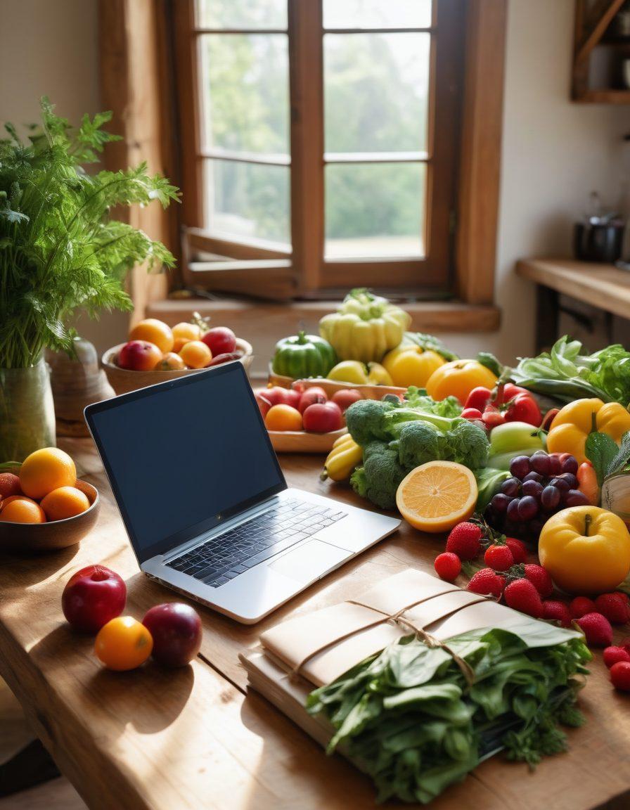 A serene kitchen scene featuring a diverse array of fresh fruits and vegetables on a rustic wooden table, with an open laptop displaying a nutrition blog. In the background, a warm sunlight streams through a window, casting an inviting glow. Add a notepad with handwritten healthy recipes and a cup of herbal tea nearby. Enhance this with a touch of subtle greenery around, representing growth and wellness. super-realistic. vibrant colors. natural lighting.
