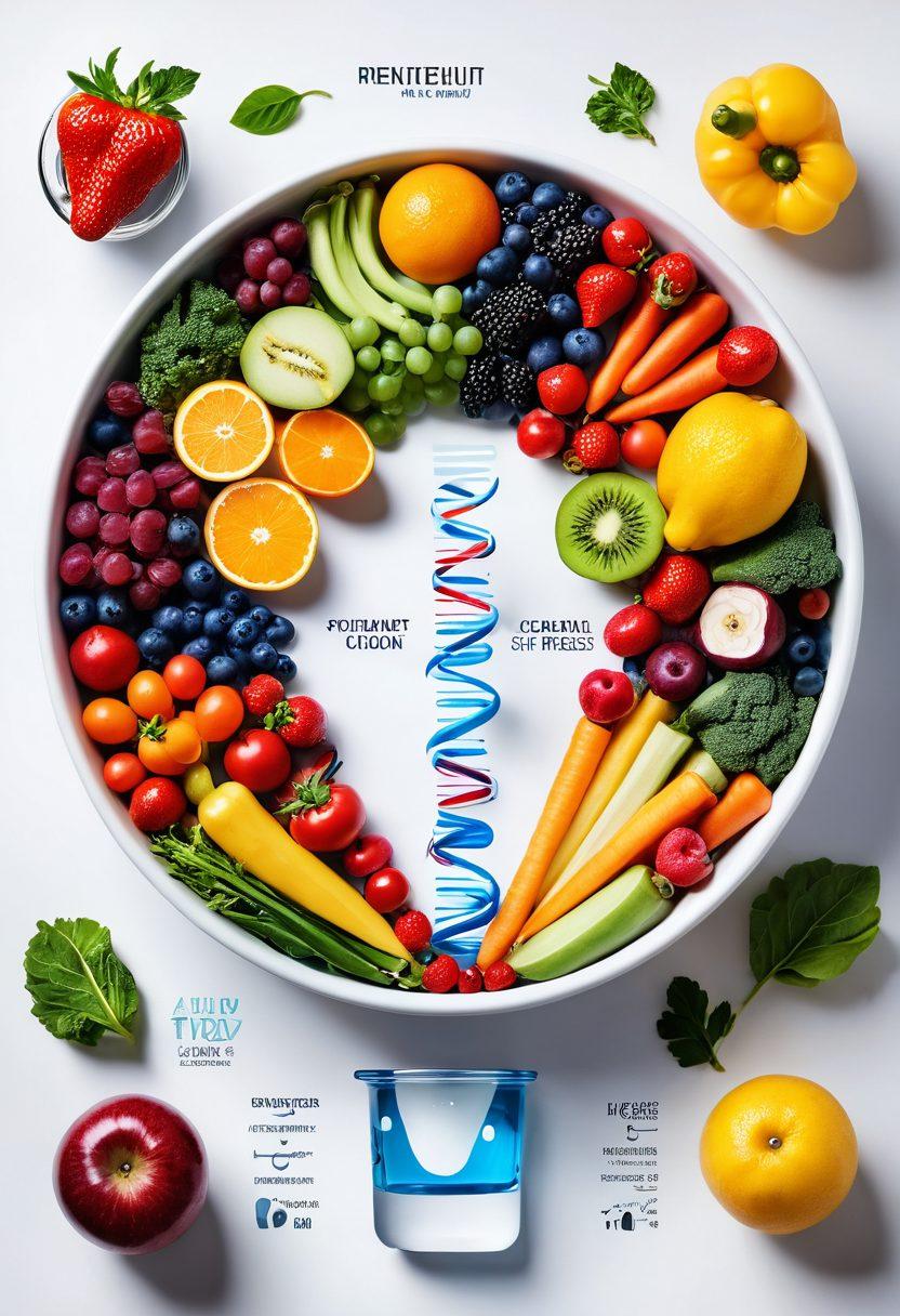 A vibrant bowl filled with colorful fruits and vegetables representing science-based nutrition, with a DNA helix subtly woven into the background. Include various scientific lab equipment like beakers and test tubes to emphasize the science aspect, and overlay motivational words like 'Boost' and 'Immune' in a modern font. Bright and inviting atmosphere, showcasing a fusion of health and science. super-realistic. vibrant colors. white background.