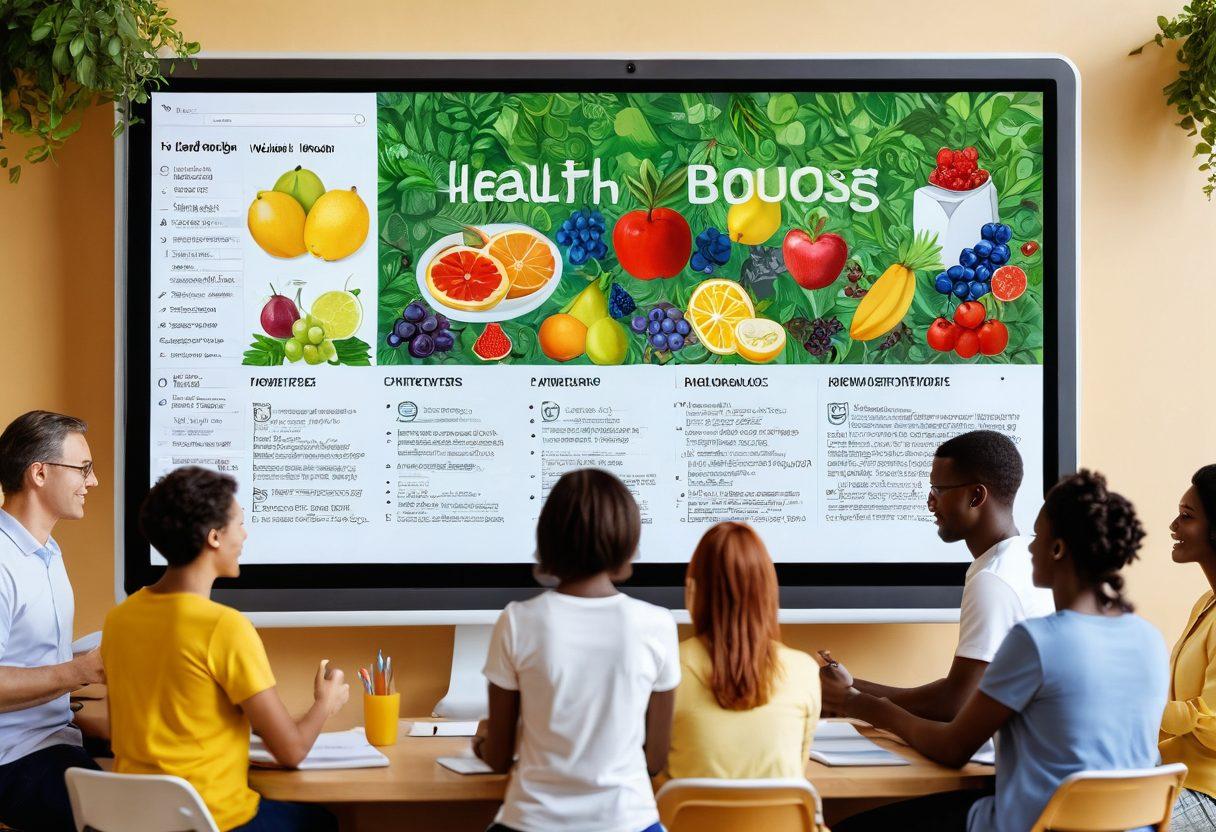 A vibrant community gathering around a digital screen displaying a health blog, with diverse individuals actively discussing and sharing ideas. Included are elements of a digital diary, like notes and sketches, integrated with symbols of health (e.g., fruits, weights, and medical graphics). The background features a warm, inviting atmosphere with greenery, books, and wellness items. super-realistic. vibrant colors. community-focused.